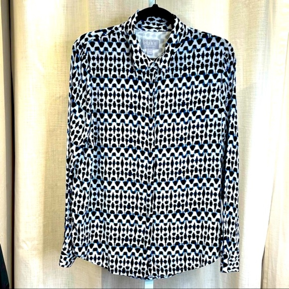 Pure Collection - 100% Silk Long Sleeve Navy and White Abstract Print Blouse - M